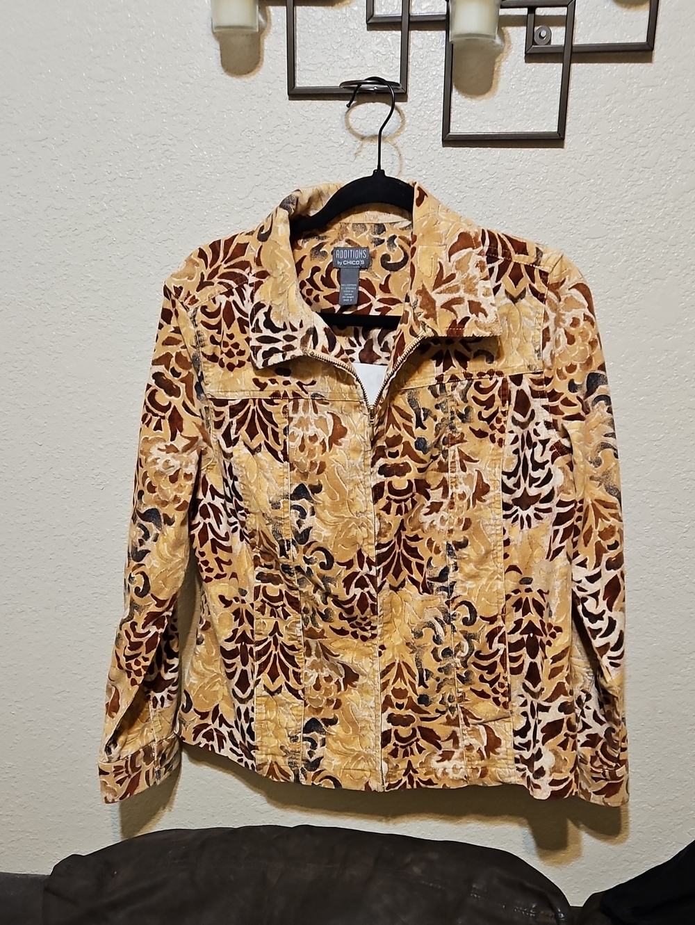 Chico's Gold, Brown & Cream Corduroy Floral Bomber Jacket